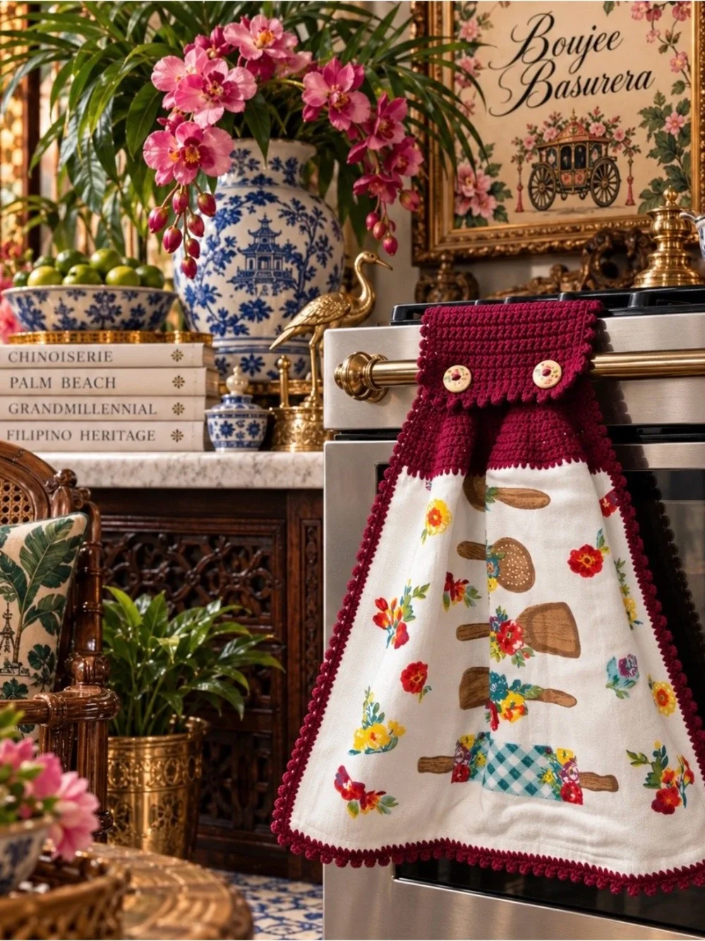 Handmade Crochet Hanging Kitchen Towel Burgundy Floral Utensils